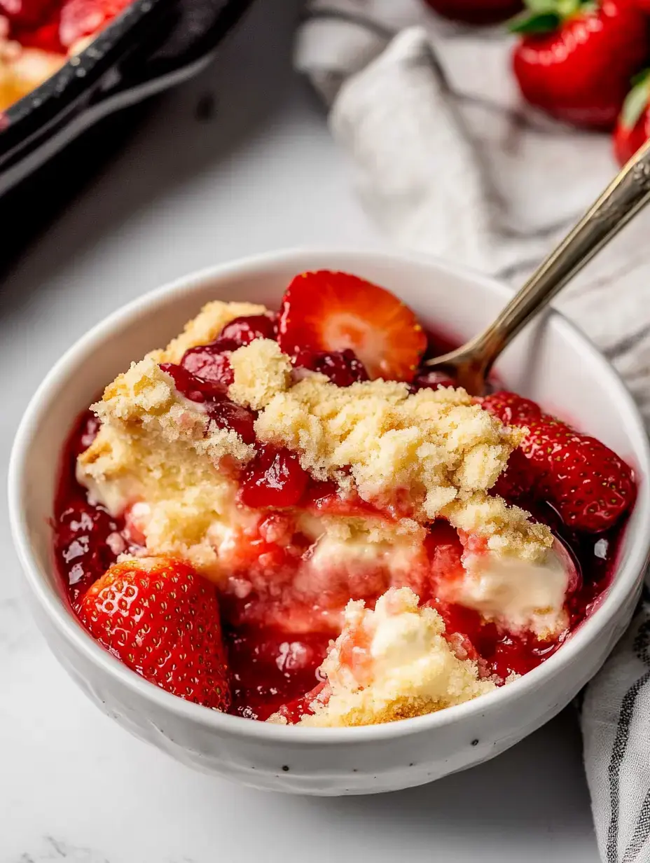 Un bol de dessert, avec des couches crémeuses, un coulis de fraises et des fraises fraîches, surmonté d’une croûte dorée et croustillante.