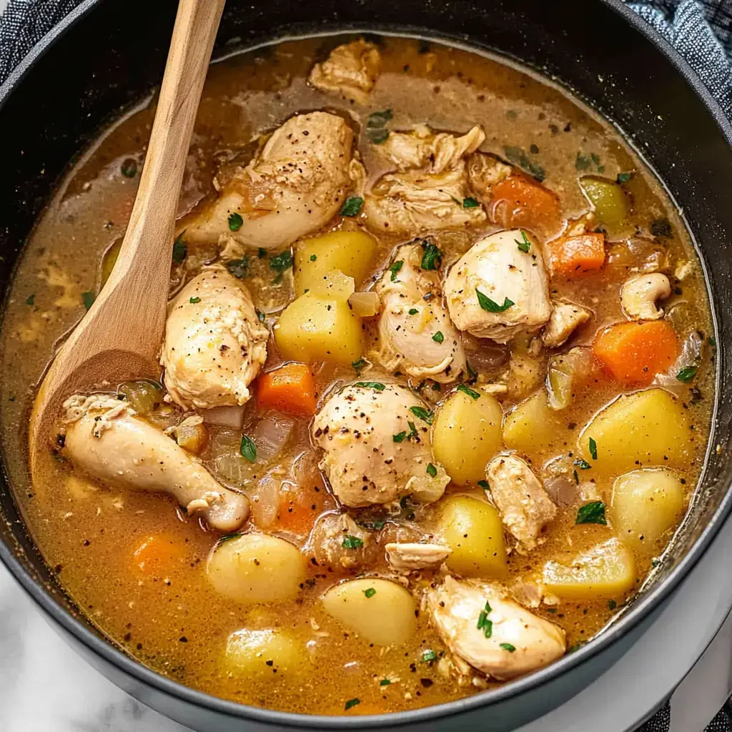 Une marmite de ragoût de poulet avec de tendres morceaux de poulet, pommes de terre, carottes et herbes, remué avec une cuillère en bois.
