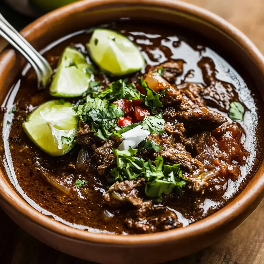 Un bol de ragoût de boeuf richement coloré garni de quartiers de citron vert, dés de tomates et coriandre fraîche.