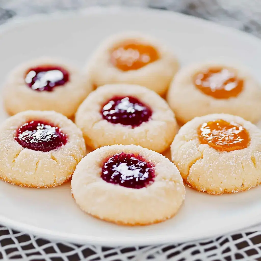 Une assiette de biscuits saupoudrés de sucre garnis de confitures colorées et variées.