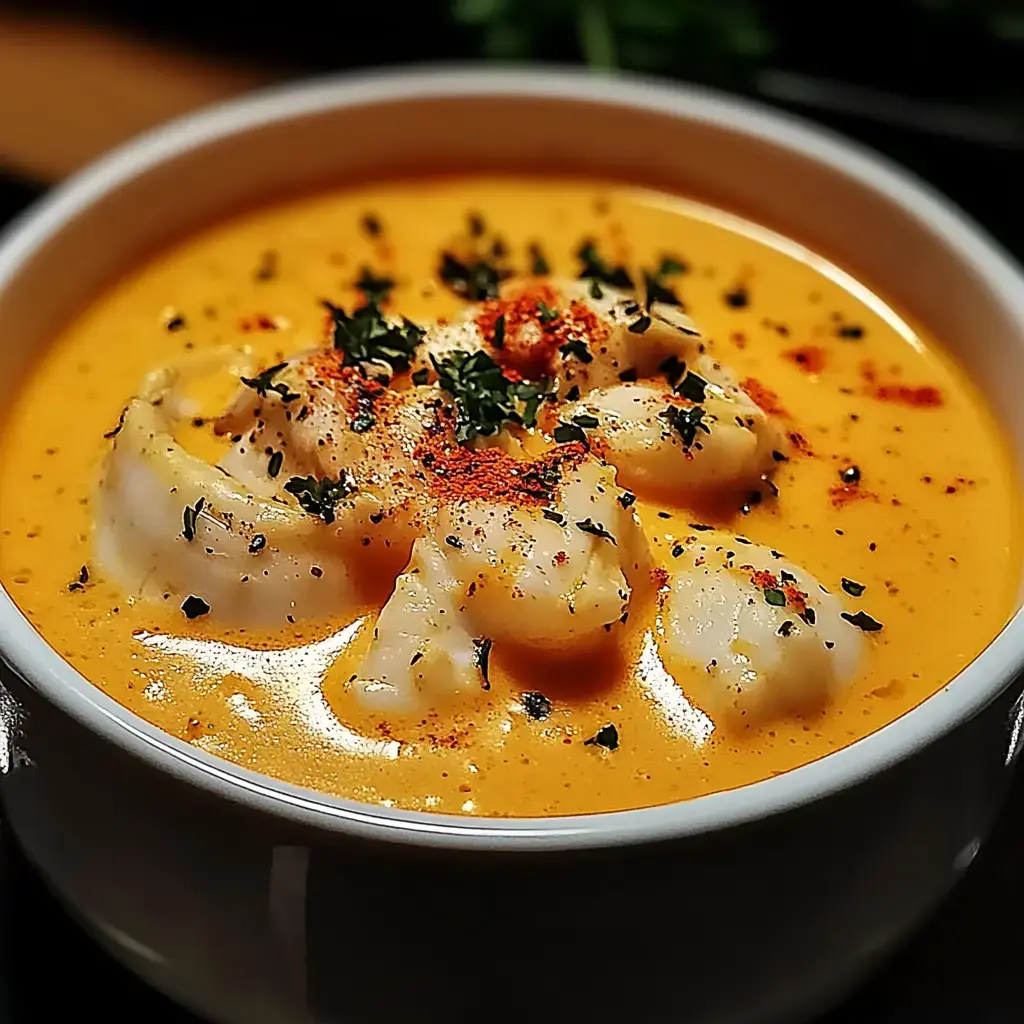 Un bol de soupe orange crémeuse garni de morceaux de fruits de mer, persil et une pincée de paprika.