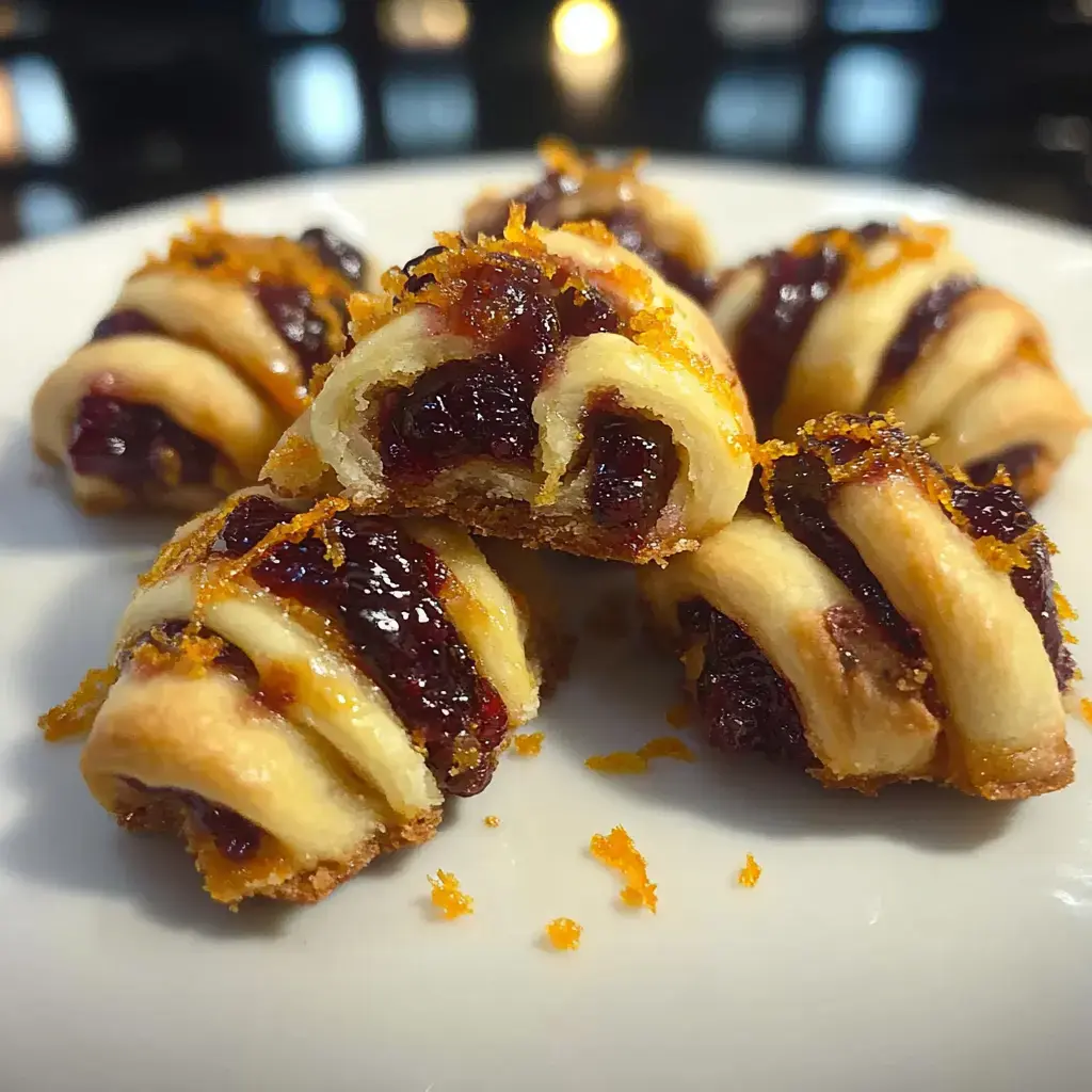 Gros plan sur des pâtisseries dorées remplies de confiture de fruits noirs, garnies de zeste d'orange sur une assiette blanche.
