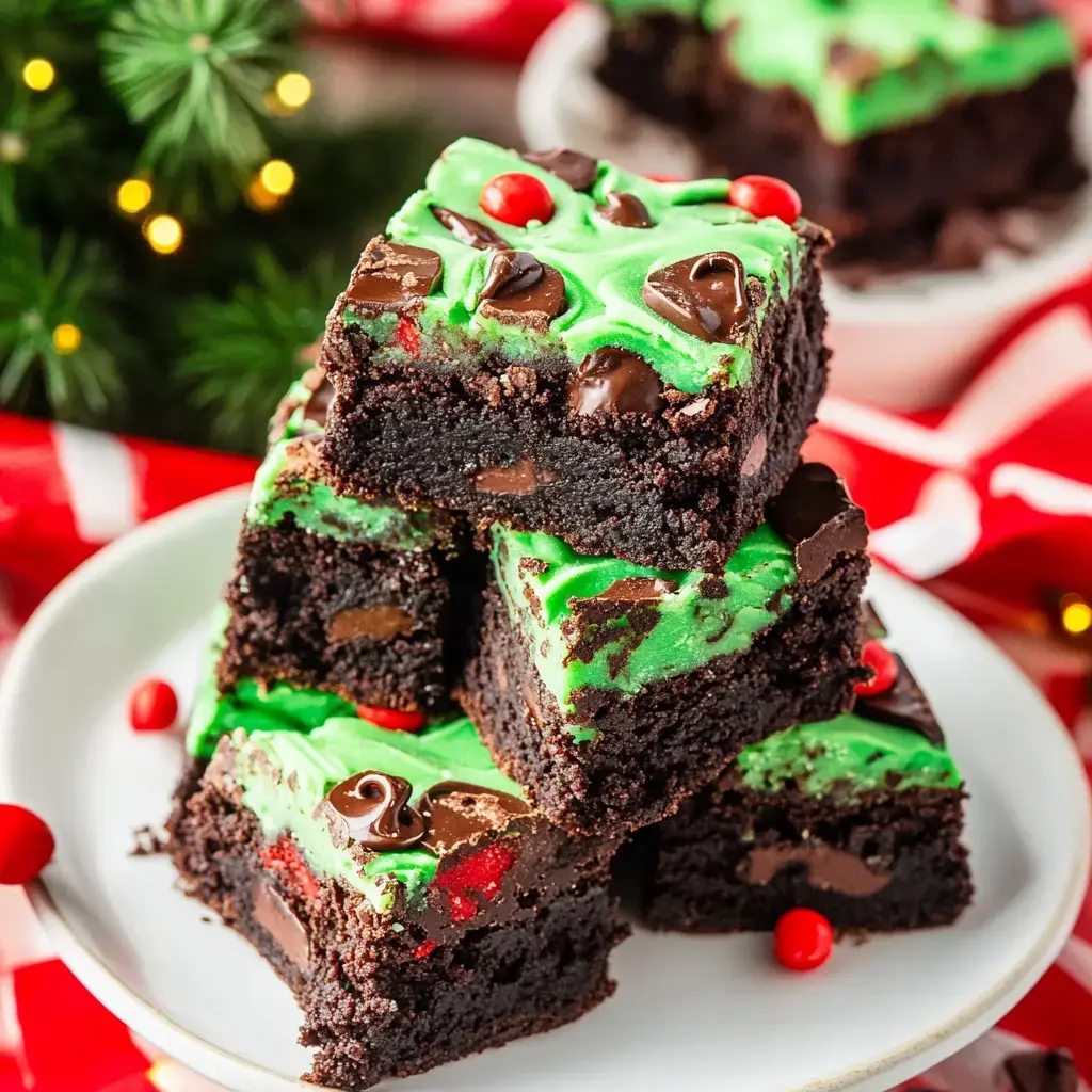 Un empilement de brownies festifs décorés de glaçage vert, de pépites de chocolat et de petits bonbons rouges, sur une table aux couleurs de Noël.