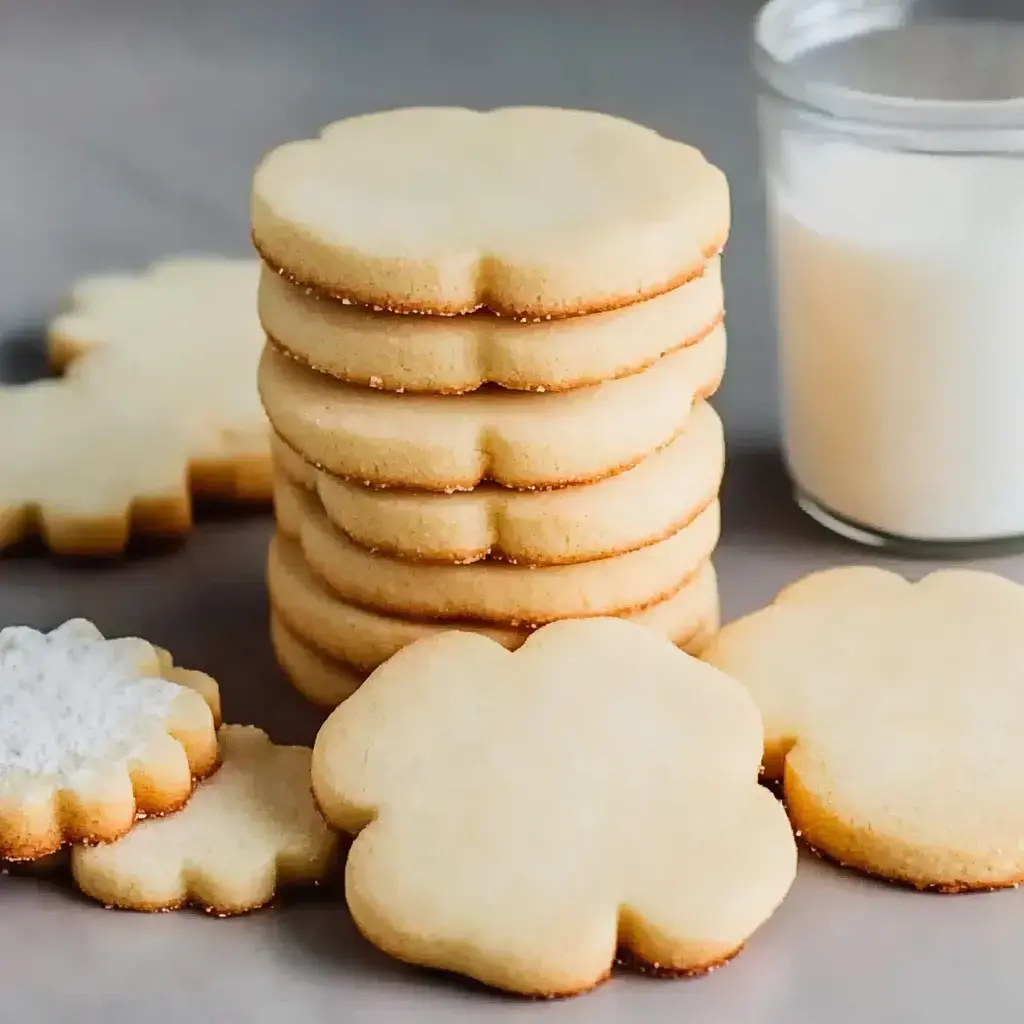 Une pile de biscuits en forme de fleurs accompagnée d’un verre de lait, avec d'autres biscuits éparpillés à côté.