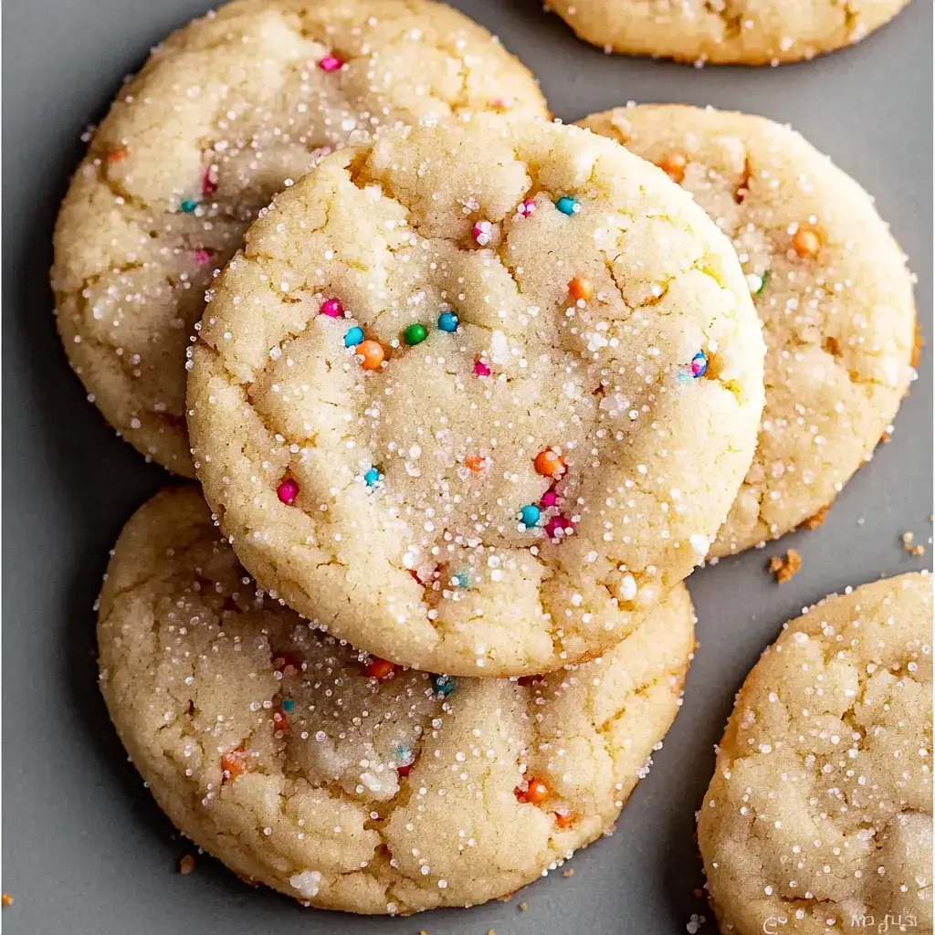 Vue rapprochée de cookies clairs parsemés de confettis colorés et de sucre, sur une assiette grise.