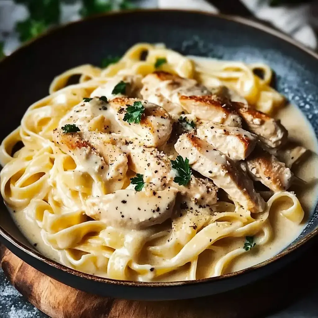 Un bol de fettuccine crémeuses avec du poulet grillé en tranches, décoré de persil.