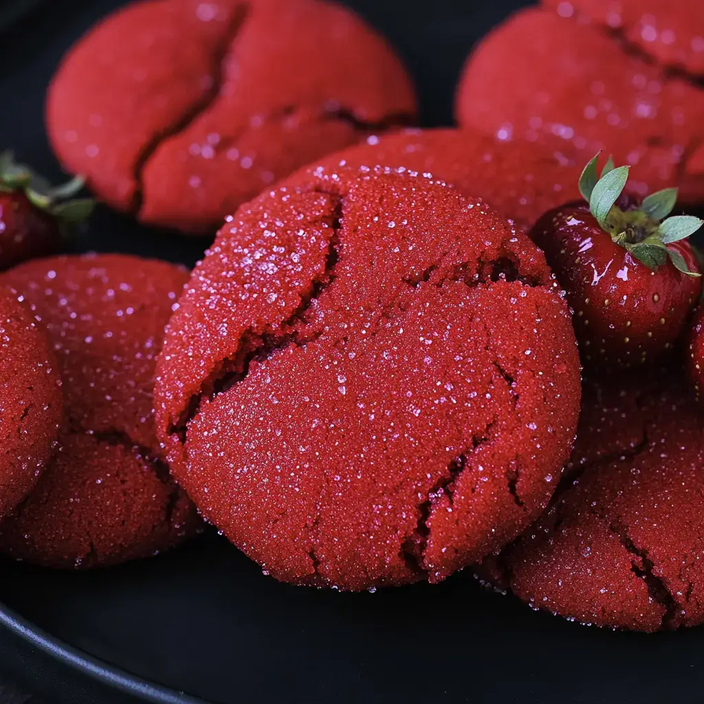 Un gros plan de biscuits rouges vibrants couverts de sucre, accompagnés de fraises fraîches, disposés sur une assiette noire.