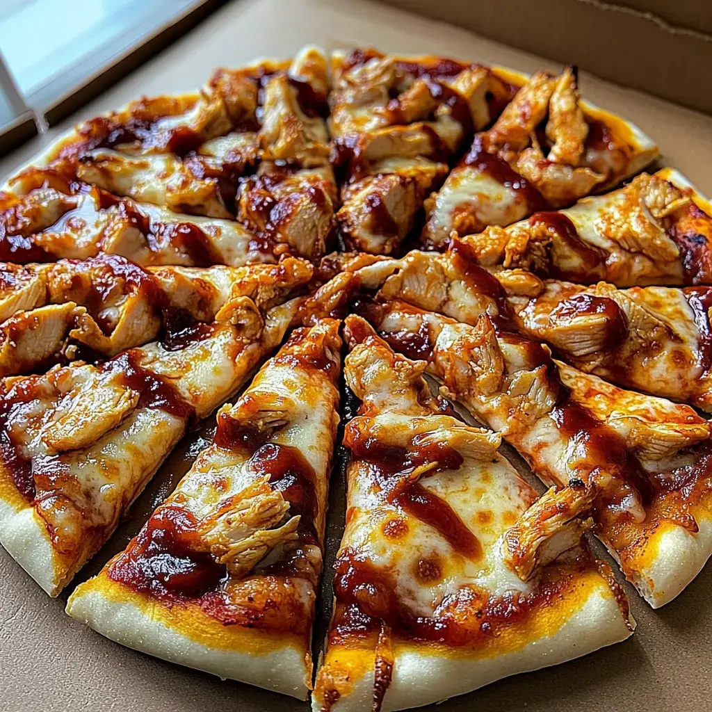 Vue rapprochée d’une pizza garnie de morceaux de poulet et de sauce barbecue, découpée en parts.