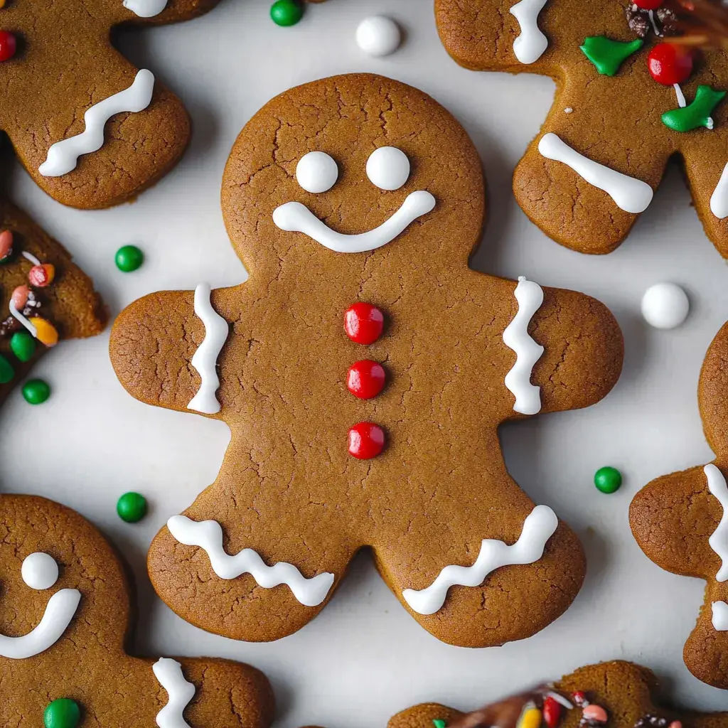 Zoom sur des biscuits pain d'épices décorés, avec un bonhomme souriant orné de glaçage rouge et blanc.