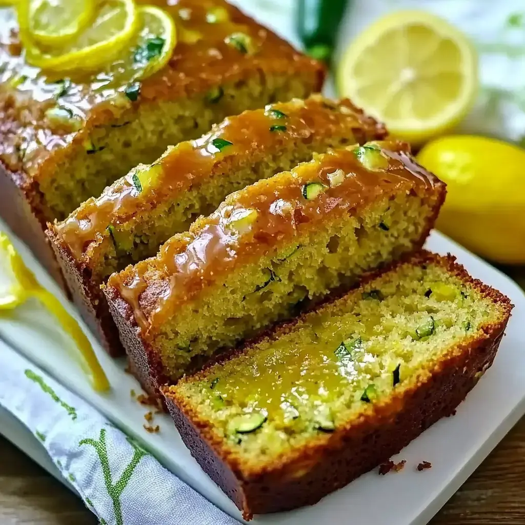 Un pain courgette citron tout juste sorti du four, tranché pour dévoiler sa texture moelleuse, décoré de rondelles de citron et d'un glaçage.