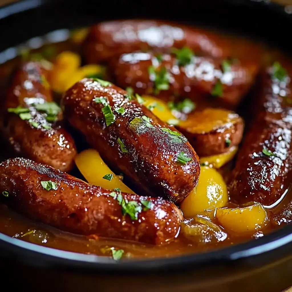 Un gros plan de saucisses gourmandes mijotées dans une sauce riche, décorées d'herbes fraîches et accompagnées de petits fruits jaunes.