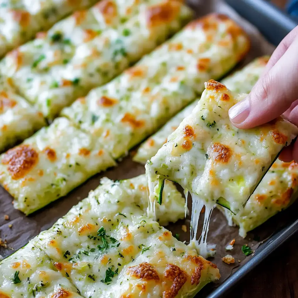 Une main soulève un bâtonnet doré de courgette au fromage d’un plat contenant plusieurs morceaux croustillants et fondants au fromage.