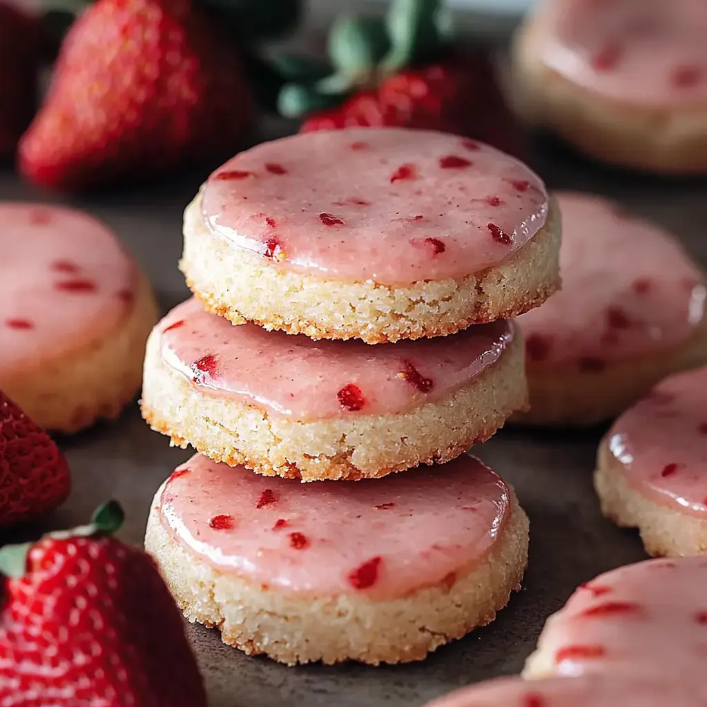 Un empilement de biscuits ronds glacés à la fraise entouré de fraises fraîches sur une surface sombre.
