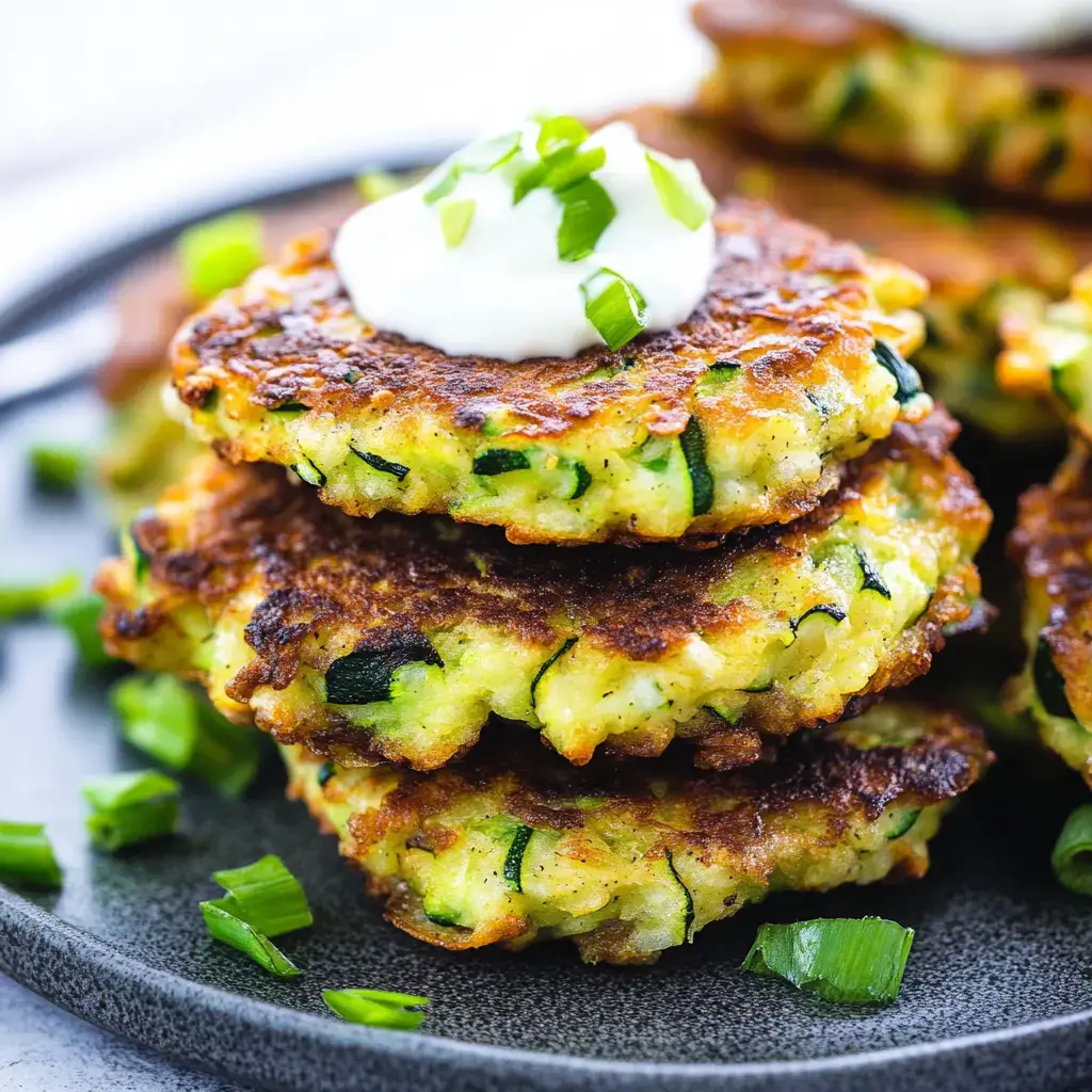 Une assiette noire contenant des beignets dorés de courgette, garnis d'une cuillère de crème fraîche et d'oignons verts hachés.