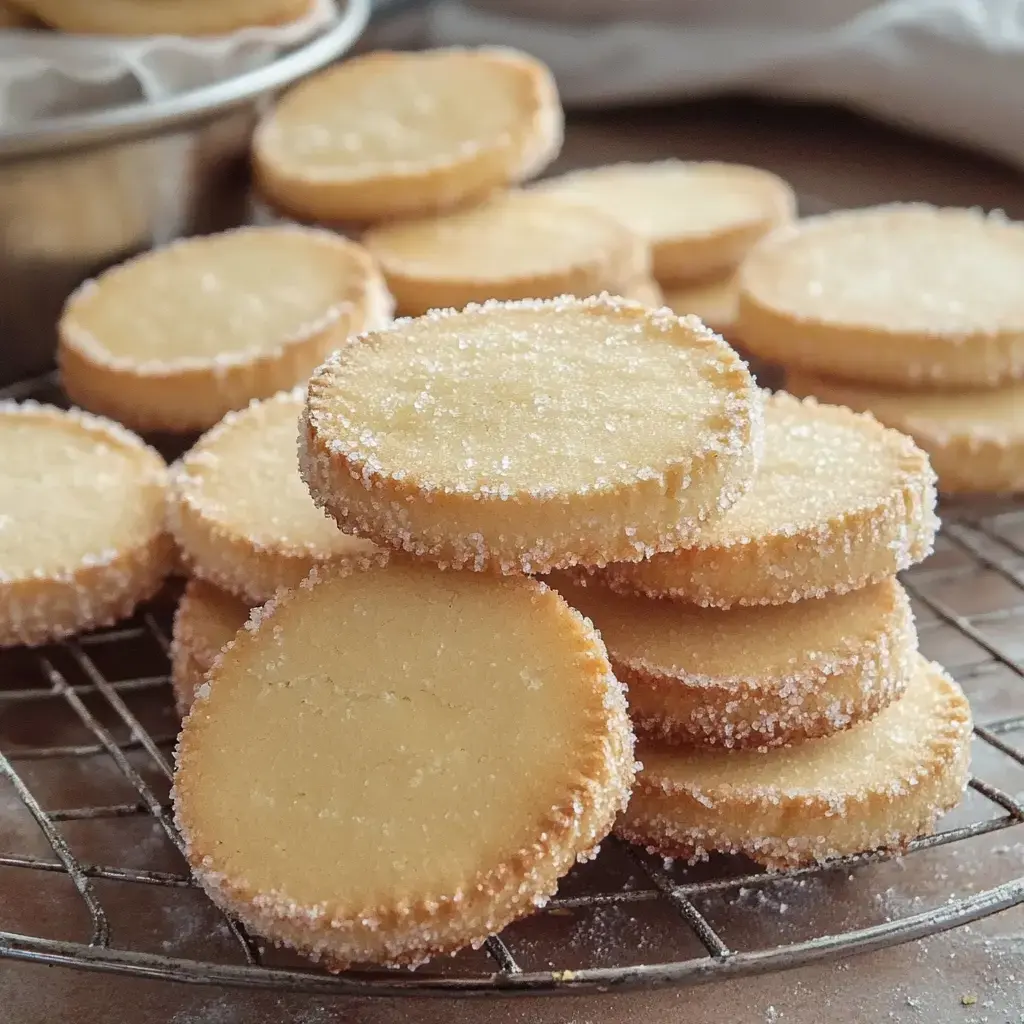 Gros plan de biscuits sablés ronds et clairs posés sur une grille, certains parsemés de sucre.