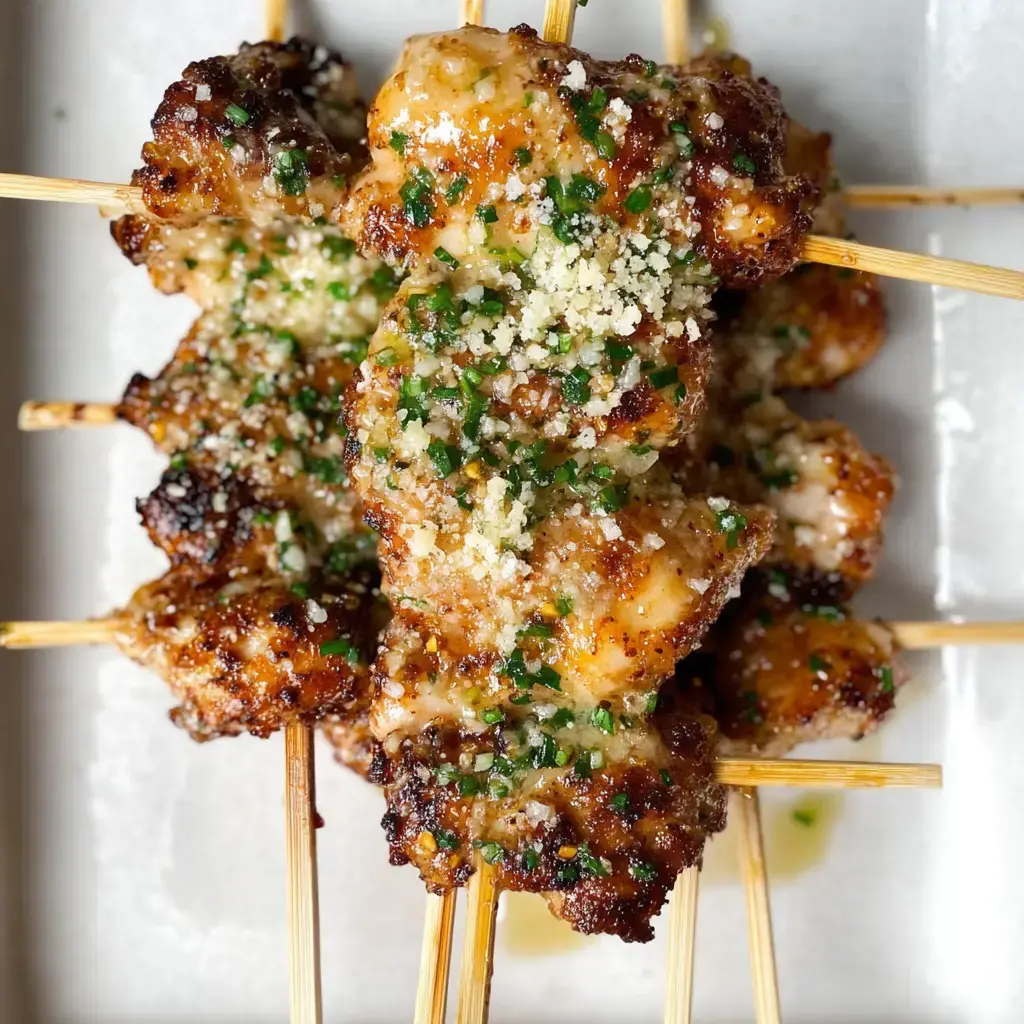 Brochettes grillées garnies d'herbes et de fromage râpé sur une assiette blanche.
