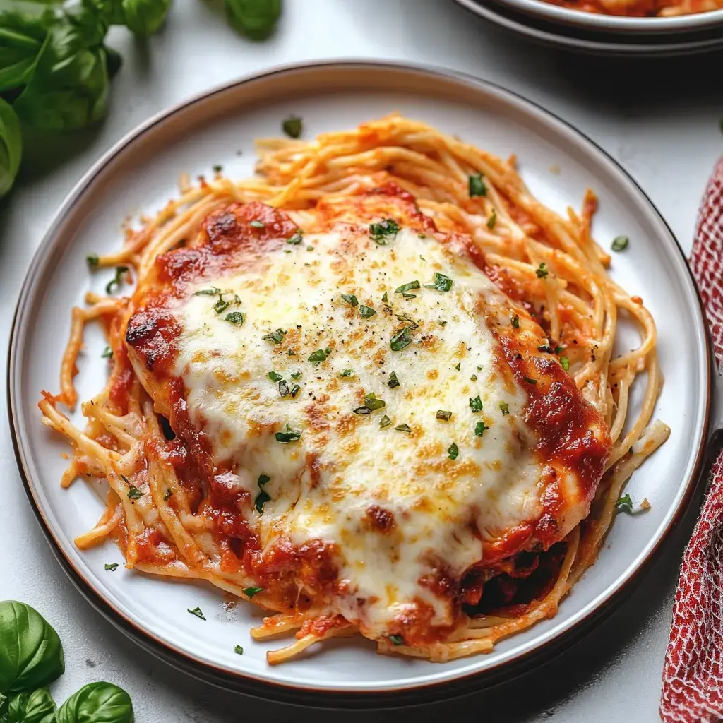 Une assiette blanche avec du spaghetti au four, fromage fondu et herbes fraîches, accompagnée de basilic frais.
