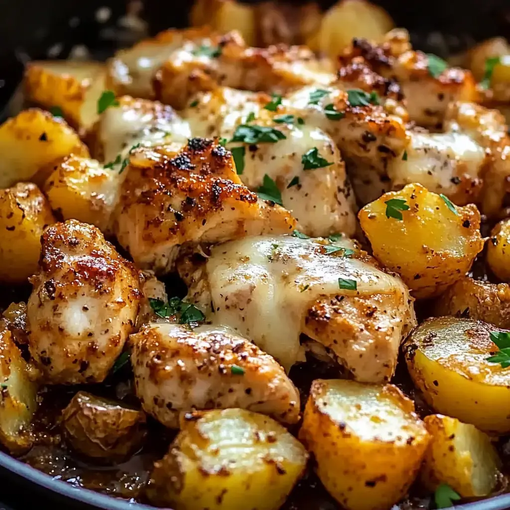 Un gros plan de morceaux de poulet épicés et de pommes de terre dorées, garnis de fromage fondu et de persil frais.