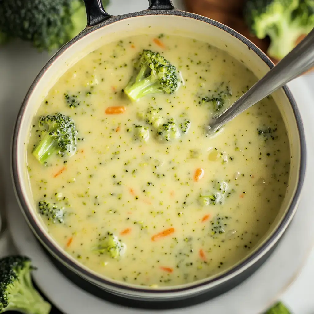 Un bol de soupe crémeuse au brocoli avec des morceaux de brocoli et de carottes, accompagné de brocolis frais en arrière-plan.