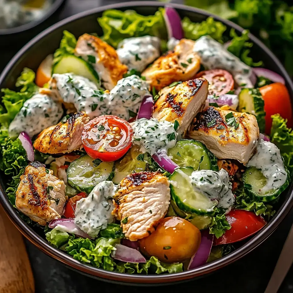 Une salade vibrante avec poulet grillé, salades mélangées, tomates cerises, concombres, oignons rouges et une sauce aux herbes crémeuse.