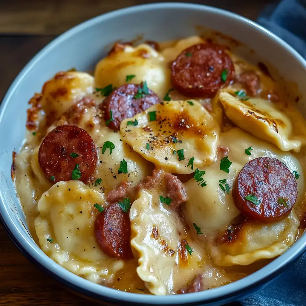 Un bol de pâtes crémeuses avec raviolis et rondelles de saucisse, décoré de persil.