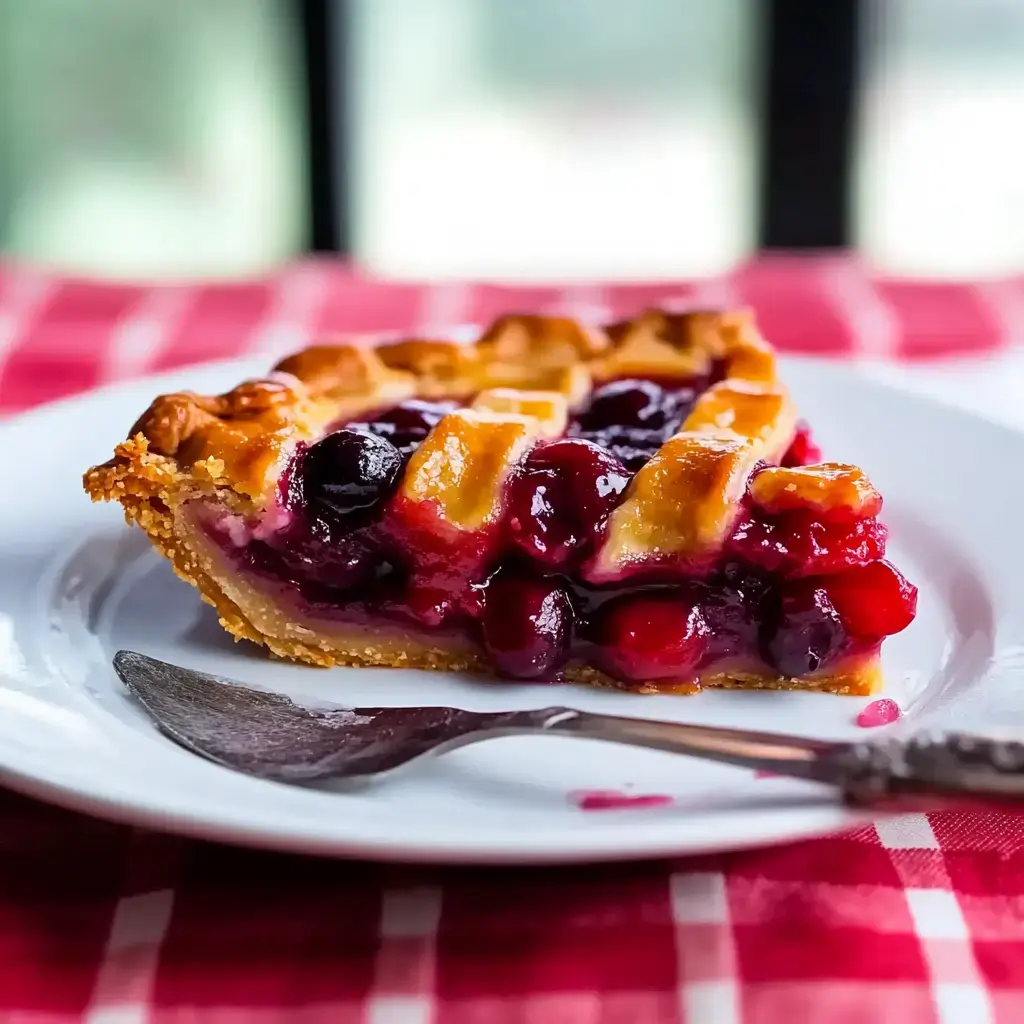 Une part de tarte aux fruits sur une assiette blanche avec une fourchette à côté, sur une nappe à carreaux rouges et blancs.