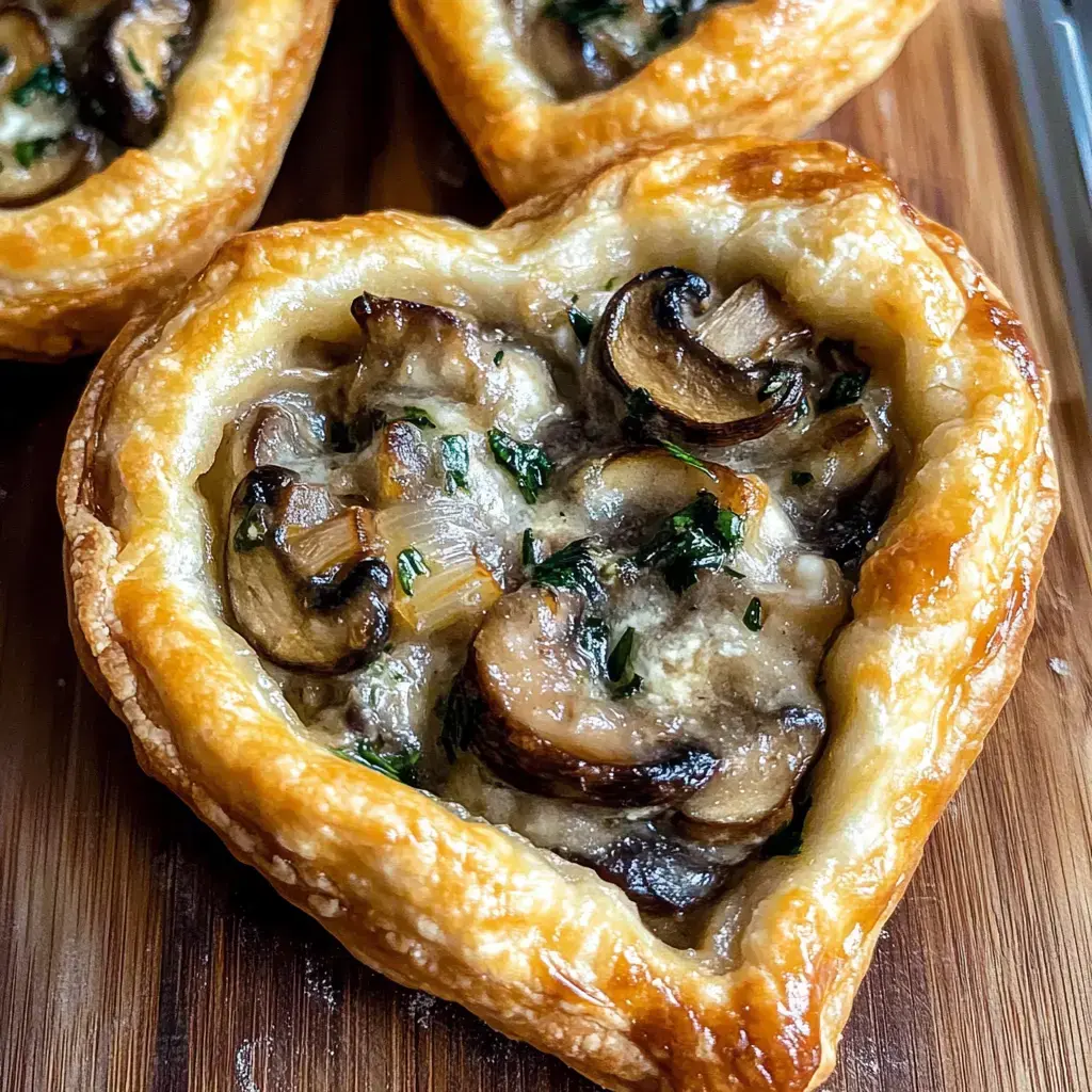 Deux tartes feuilletées en forme de cœur garnies d’un mélange crémeux de champignons et herbes, présentées sur une surface en bois.