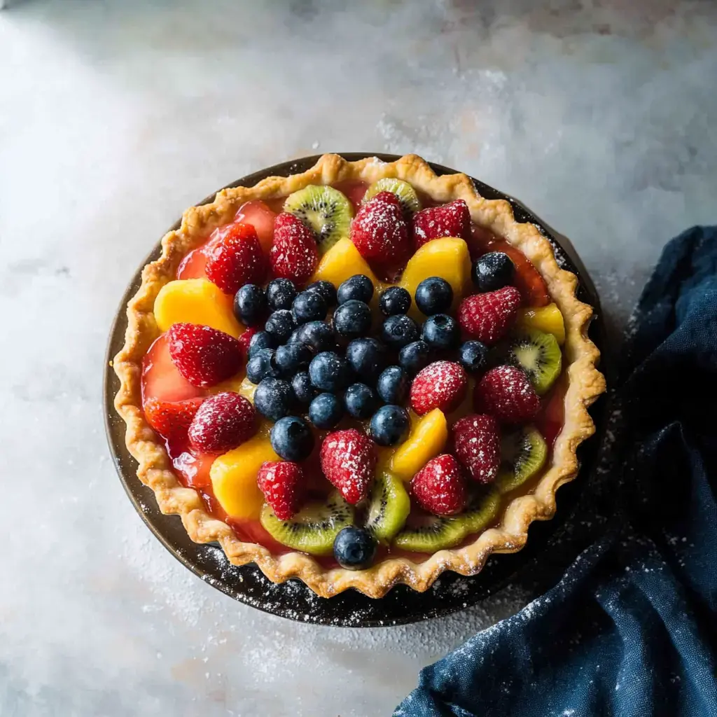 Une tarte aux fruits colorée garnie de fraises, myrtilles, kiwis et mangues, présentée sur une assiette sombre.