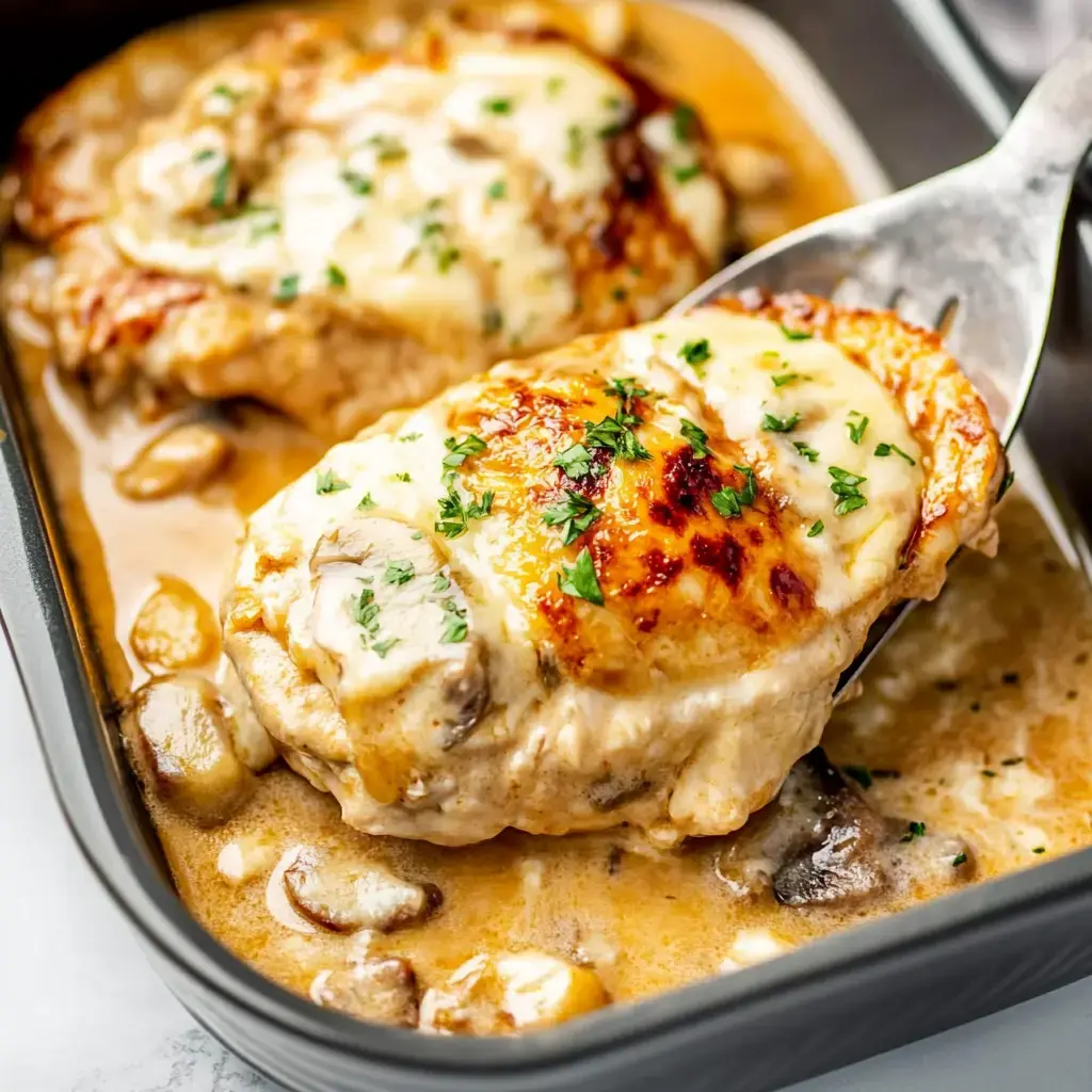 Un filet de poulet doré avec du fromage fondu, surmonté de fines herbes, est servi dans une sauce onctueuse aux champignons.