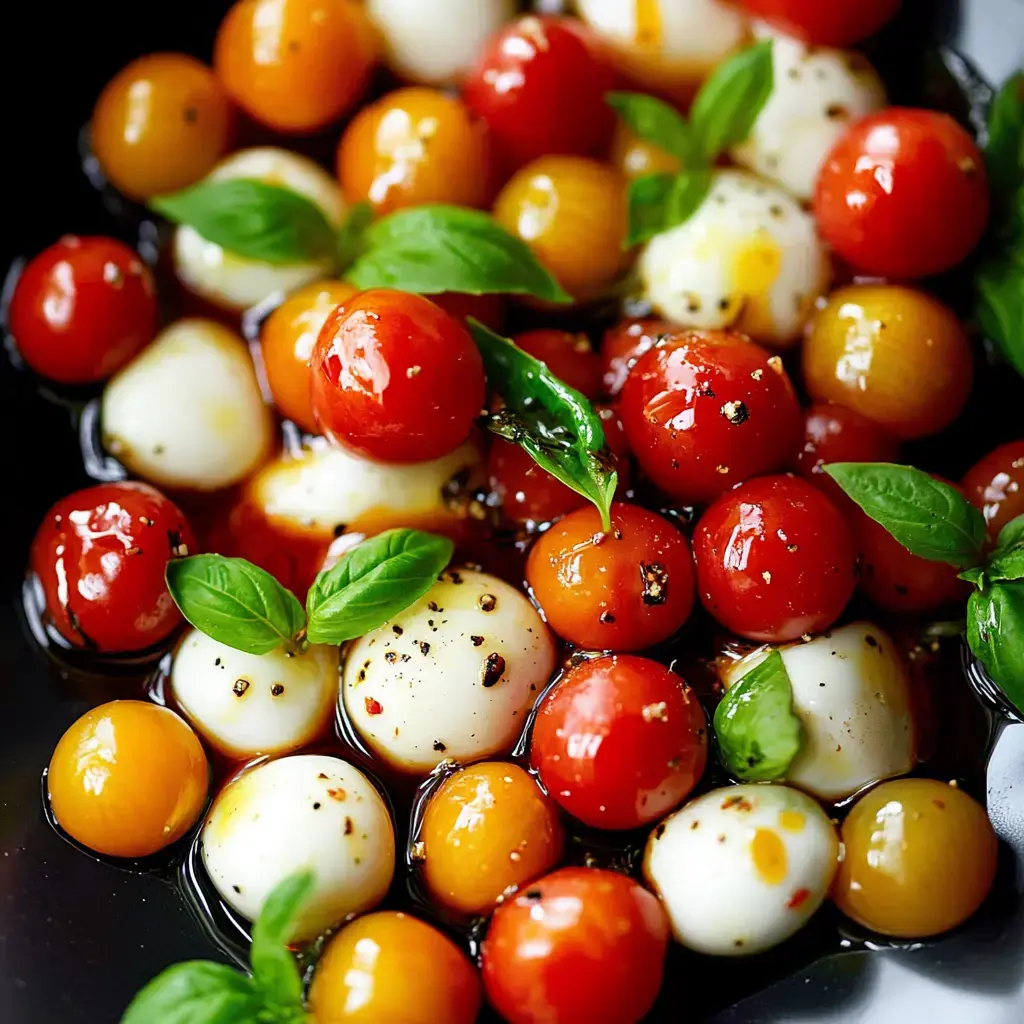 Un bol rempli de tomates cerises colorées et de boules de mozzarella, garnies de feuilles de basilic frais et arrosées d'huile d'olive.