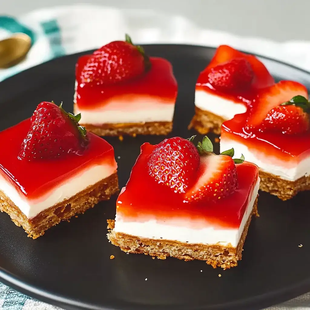 Une assiette noire avec quatre carrés de dessert au fromage et fraises. Une base croustillante, une gelée rouge brillante et des morceaux frais de fraises.
