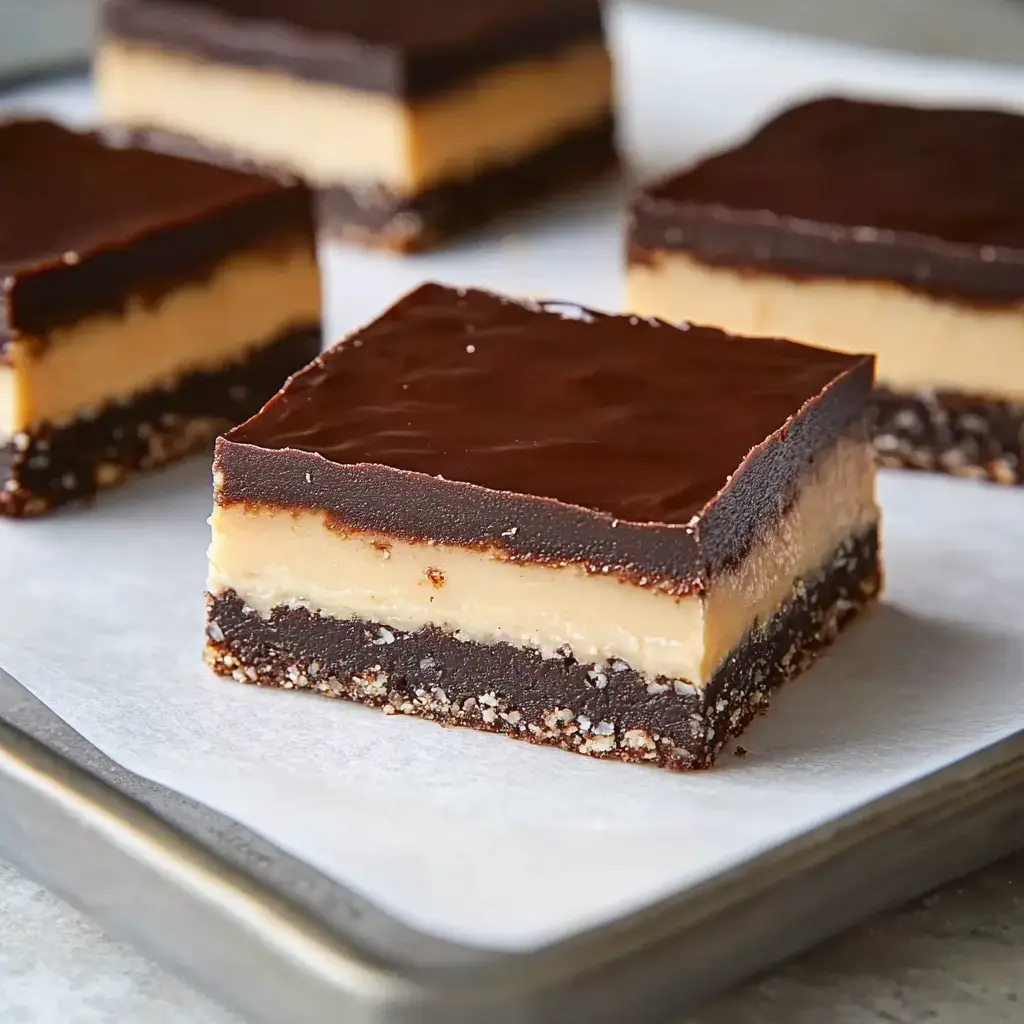 Gros plan de barres chocolat-caramel sur papier sulfurisé, avec un glaçage chocolat noir, un centre au caramel crémeux, et une base friable au chocolat.