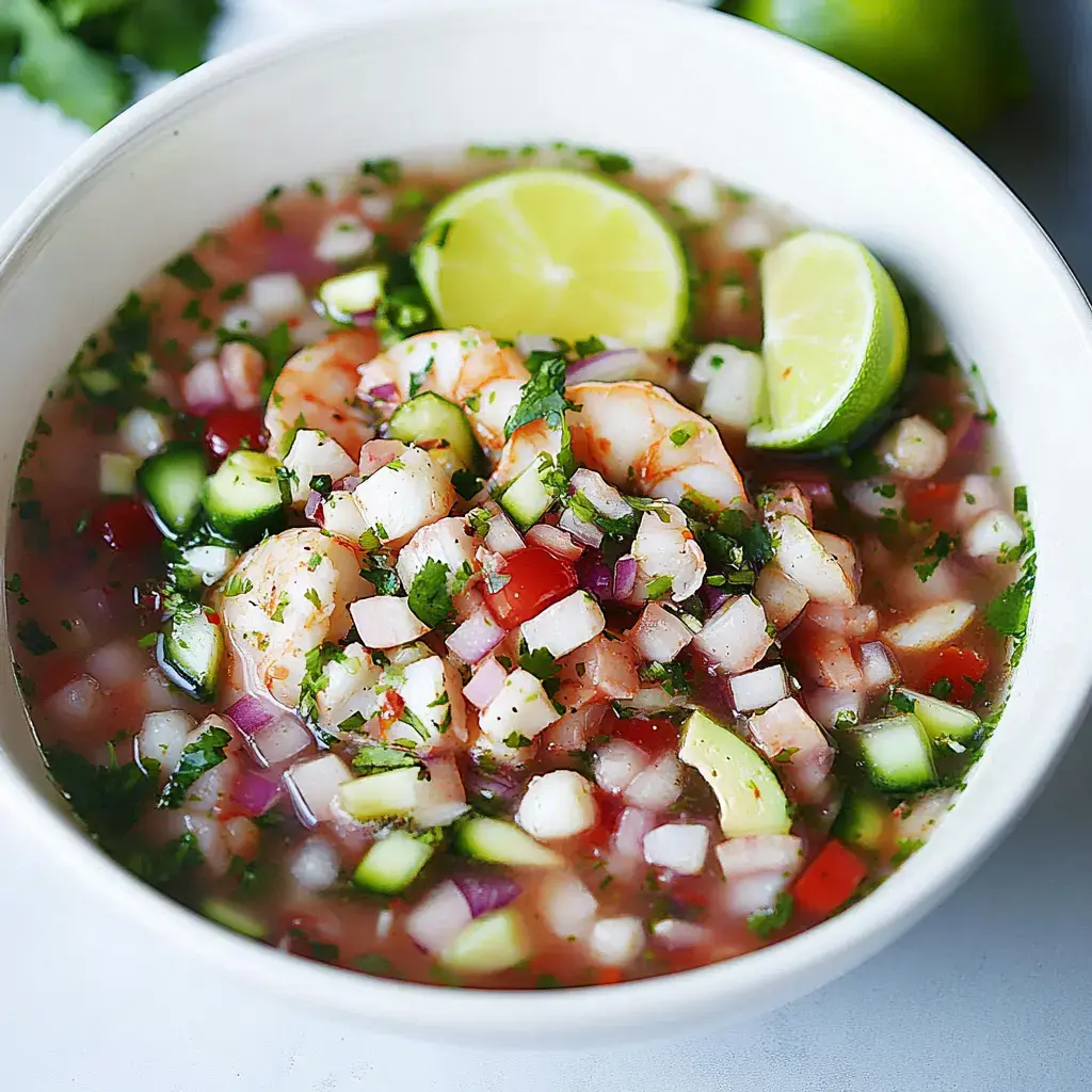 Un bol de ceviche de crevettes garni de coriandre et de quartiers de citron vert, avec un mélange coloré de légumes en dés.
