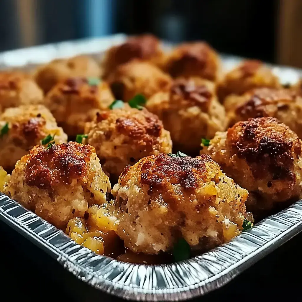 Un plateau de boulettes dorées garnies de persil, posées sur un lit de sauce.