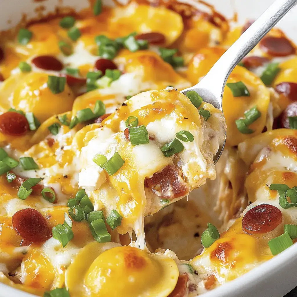 Une cuillère de pâtes gratinées au fromage, garnie d'oignons verts et de rondelles de pepperoni.