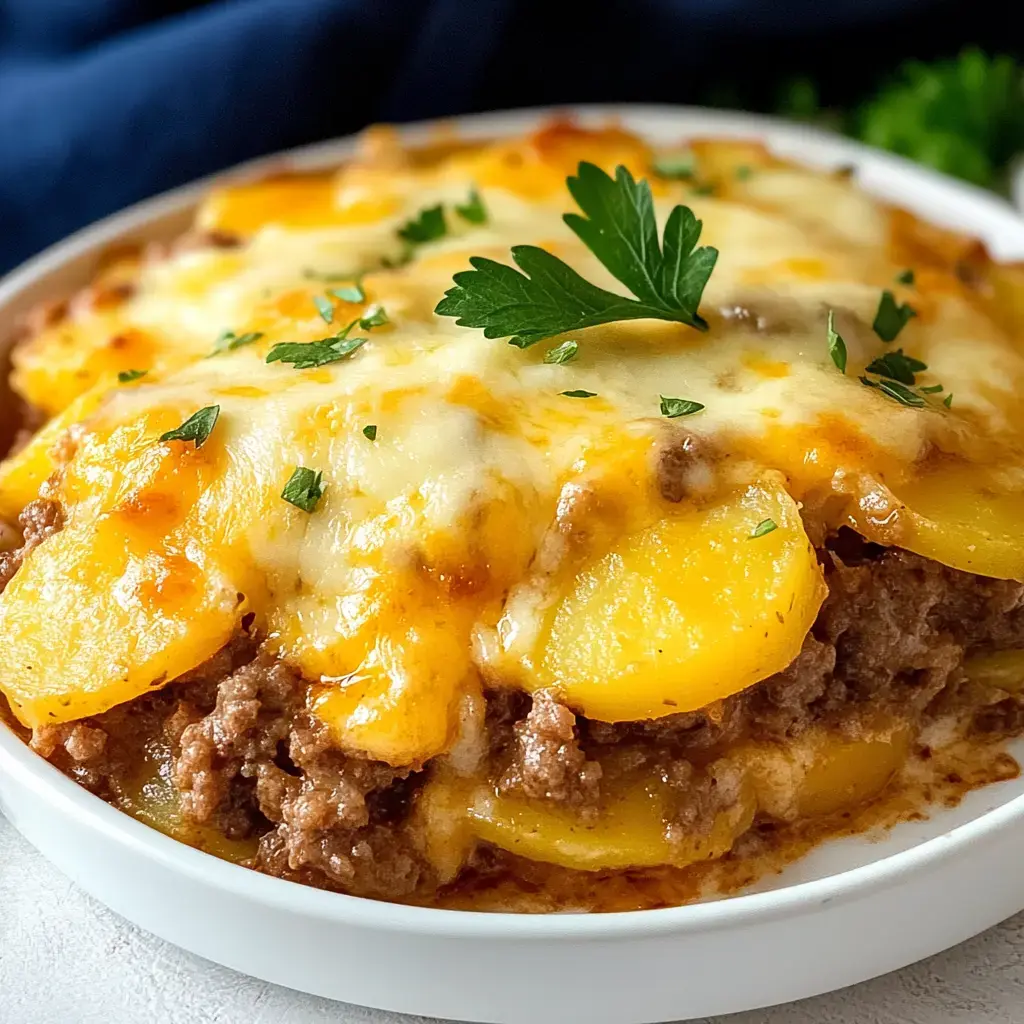Vue rapprochée d’un gratin crémeux de pommes de terre et viande hachée garni de fromage fondant et de persil frais.