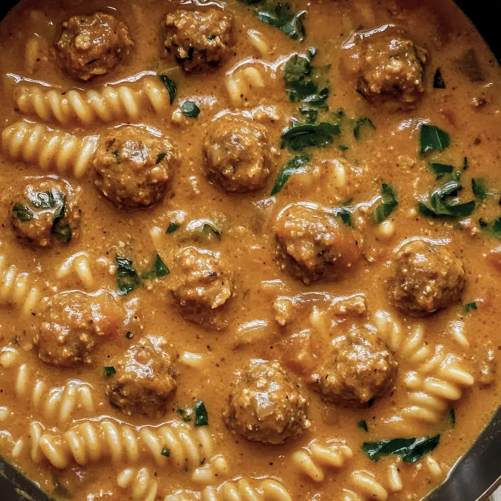 Un bol de pâtes mélangé à des boulettes dans une sauce crémeuse, décoré d'herbes.