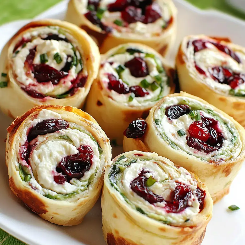 Un plat de tortillas roulées garnies de fromage frais, fines herbes et canneberges, offrant de jolies spirales colorées.