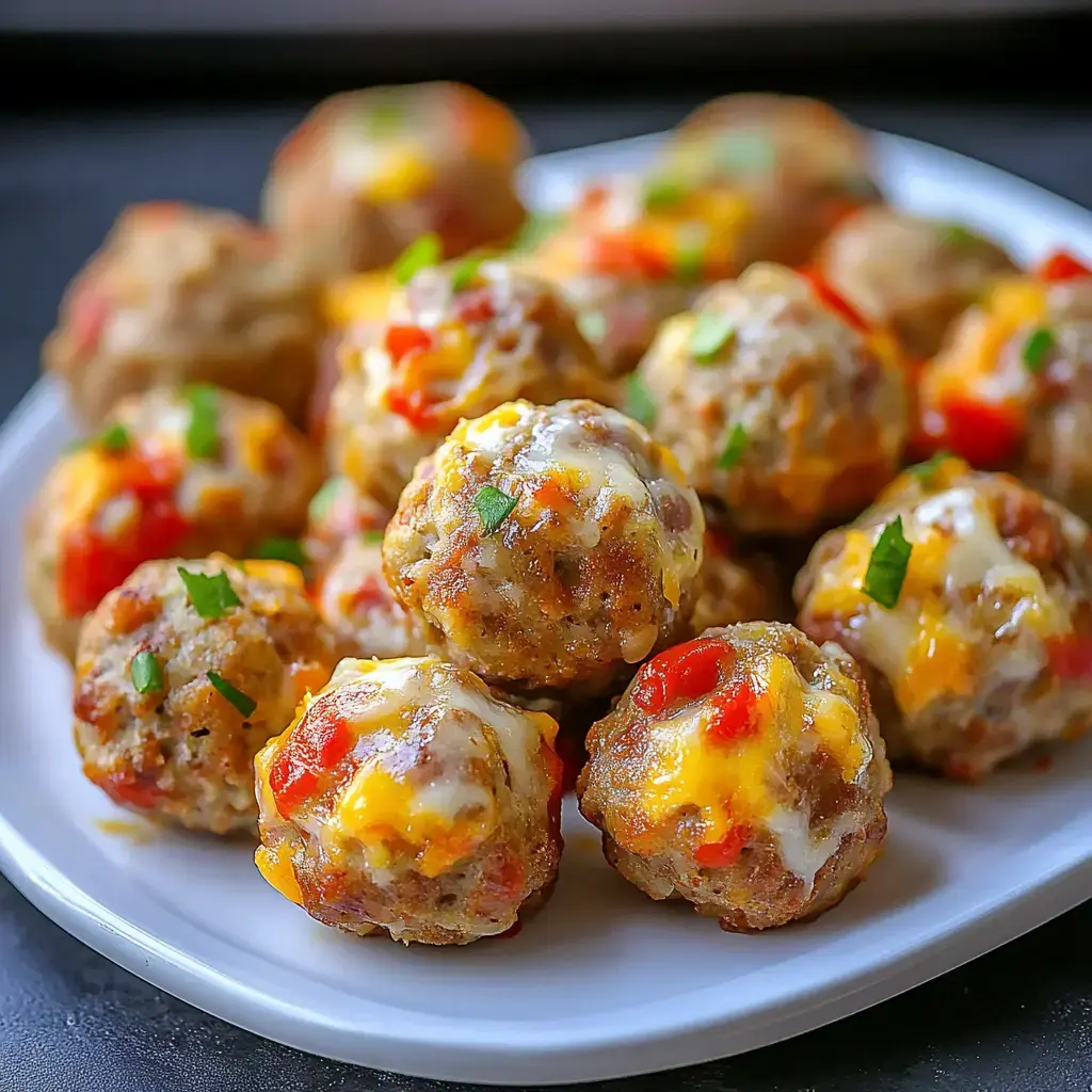 Une assiette de boulettes nappées de fromage fondu avec des morceaux de poivrons rouges, garnie d'herbes.