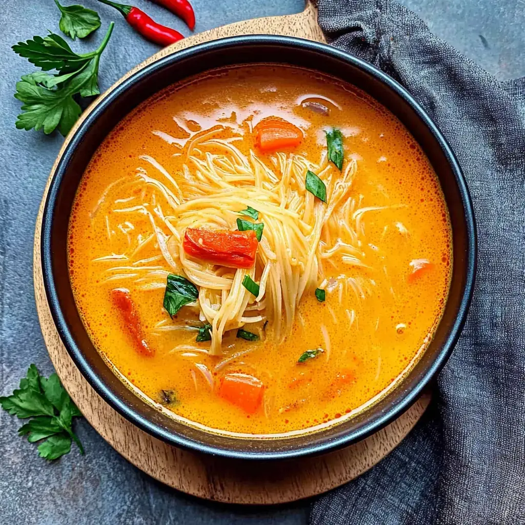 Un bol de soupe crémeuse orange avec de fines nouilles, des morceaux de poivron rouge et des herbes vertes, posé sur une surface en bois.