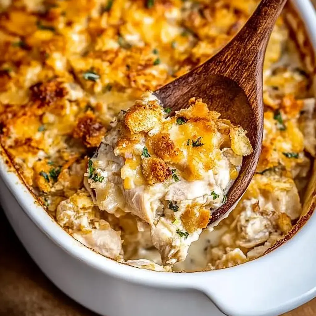 Une cuillère en bois soulève un gratin crémeux au poulet, garni de chapelure dorée, depuis un plat blanc.