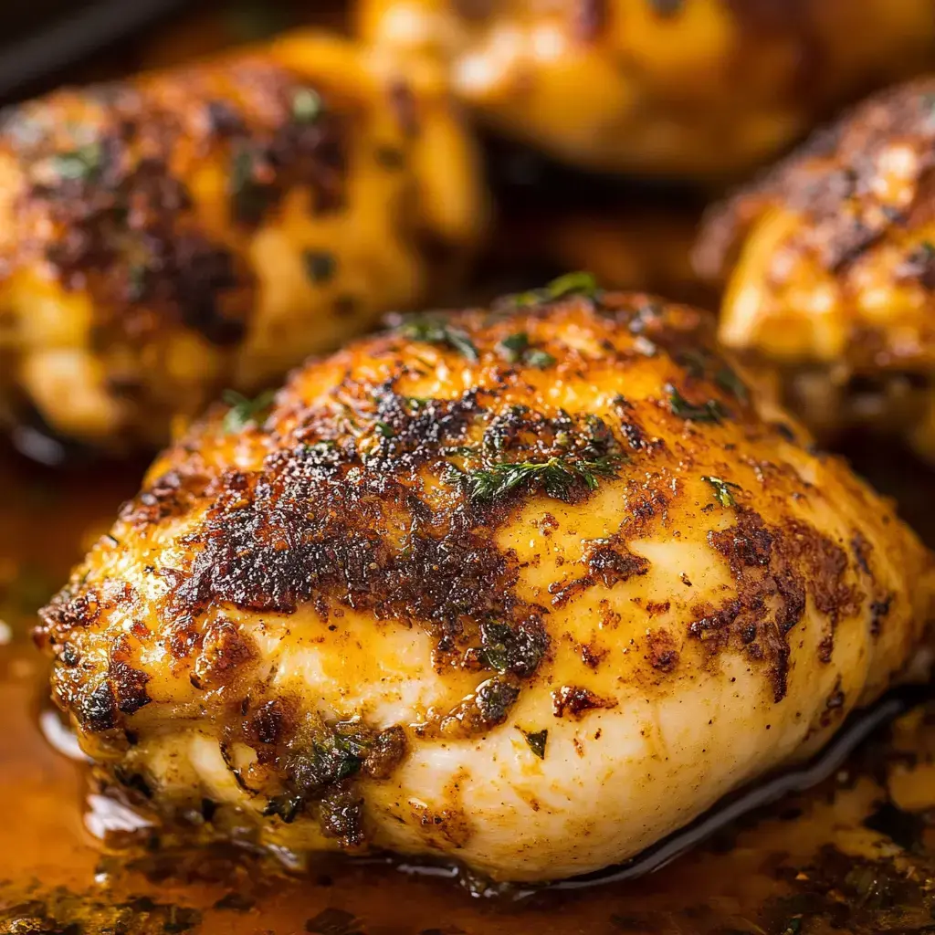 Gros plan de cuisses de poulet parfaitement cuites, assaisonnées d'épices et d'herbes, dans une sauce savoureuse.