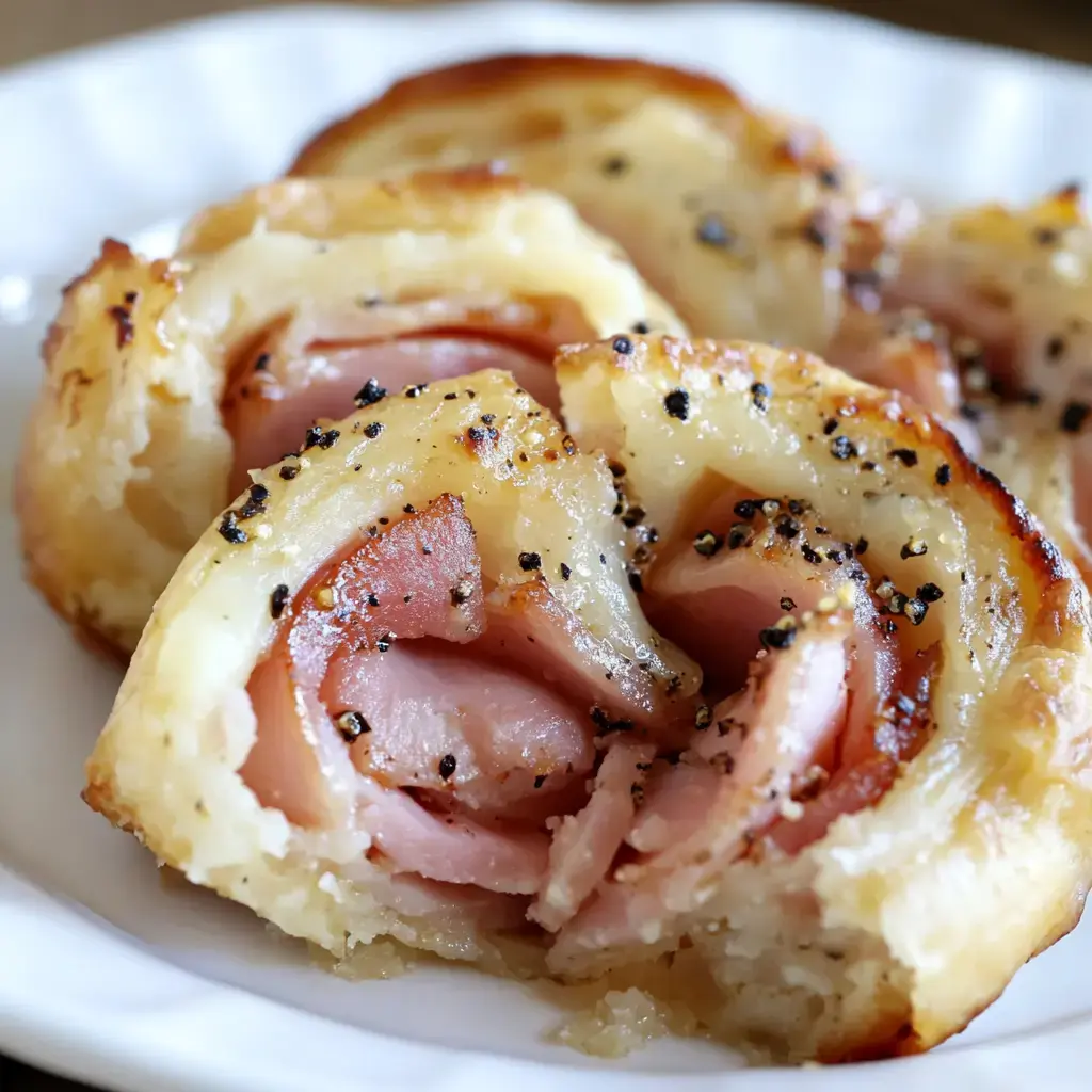 Gros plan sur une pâte roulée avec du jambon et une touche de poivre noir sur une assiette blanche.