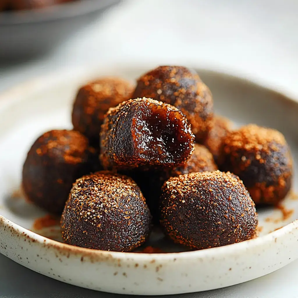 Un gros plan sur une assiette de bonbons ronds et sombres, légèrement saupoudrés d'épices, dont un avec une bouchée.