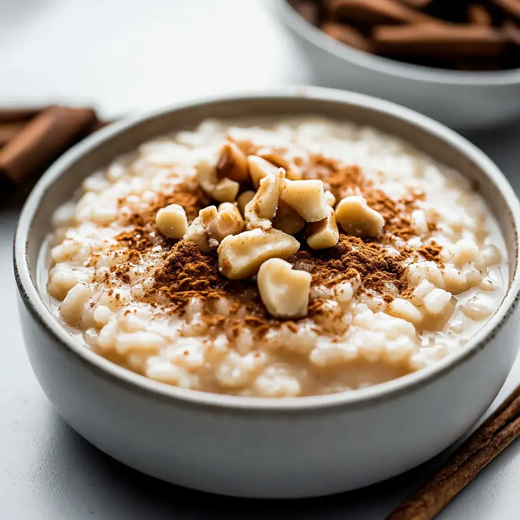 Un bol de riz au lait crémeux garni de noix concassées et saupoudré de cannelle.