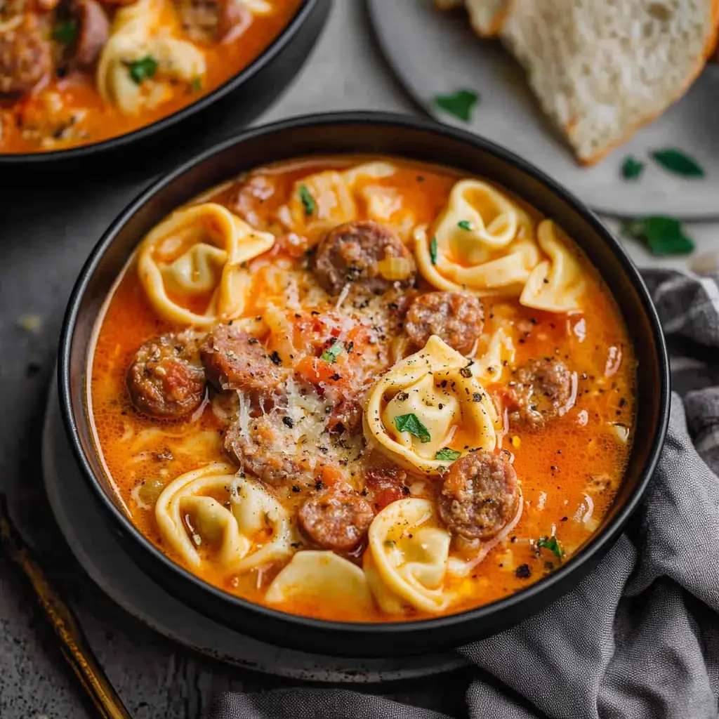 Gros plan d'une soupe tortellini crémeuse avec saucisse, tomates et herbes, accompagnée d'une tranche de pain.
