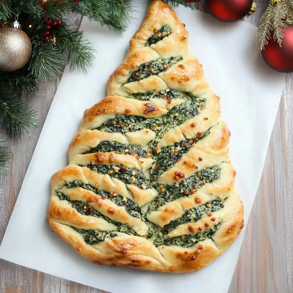 Un sapin torsadé et feuilleté garni d'une mixture verte, décoré d'une croûte dorée et posé sur une surface blanche entourée d'éléments décoratifs de fêtes.