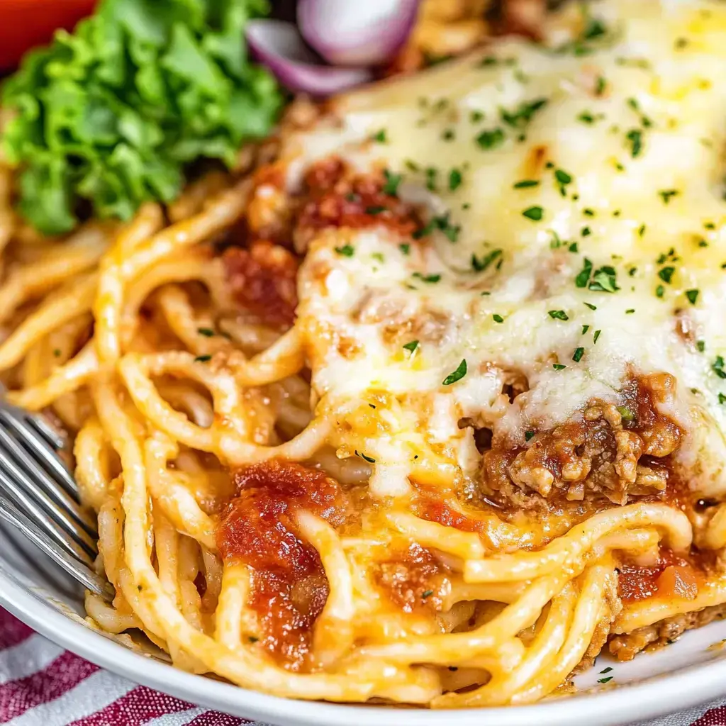 Un gros plan d'un bol de spaghettis garnis de fromage et de sauce, décorés de persil, accompagnés de salade verte et d'oignons.