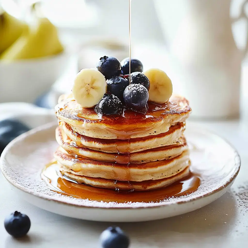 Une pile de pancakes dorés avec des tranches de banane et des myrtilles, le tout nappé de sirop d’érable, servie sur une assiette blanche.