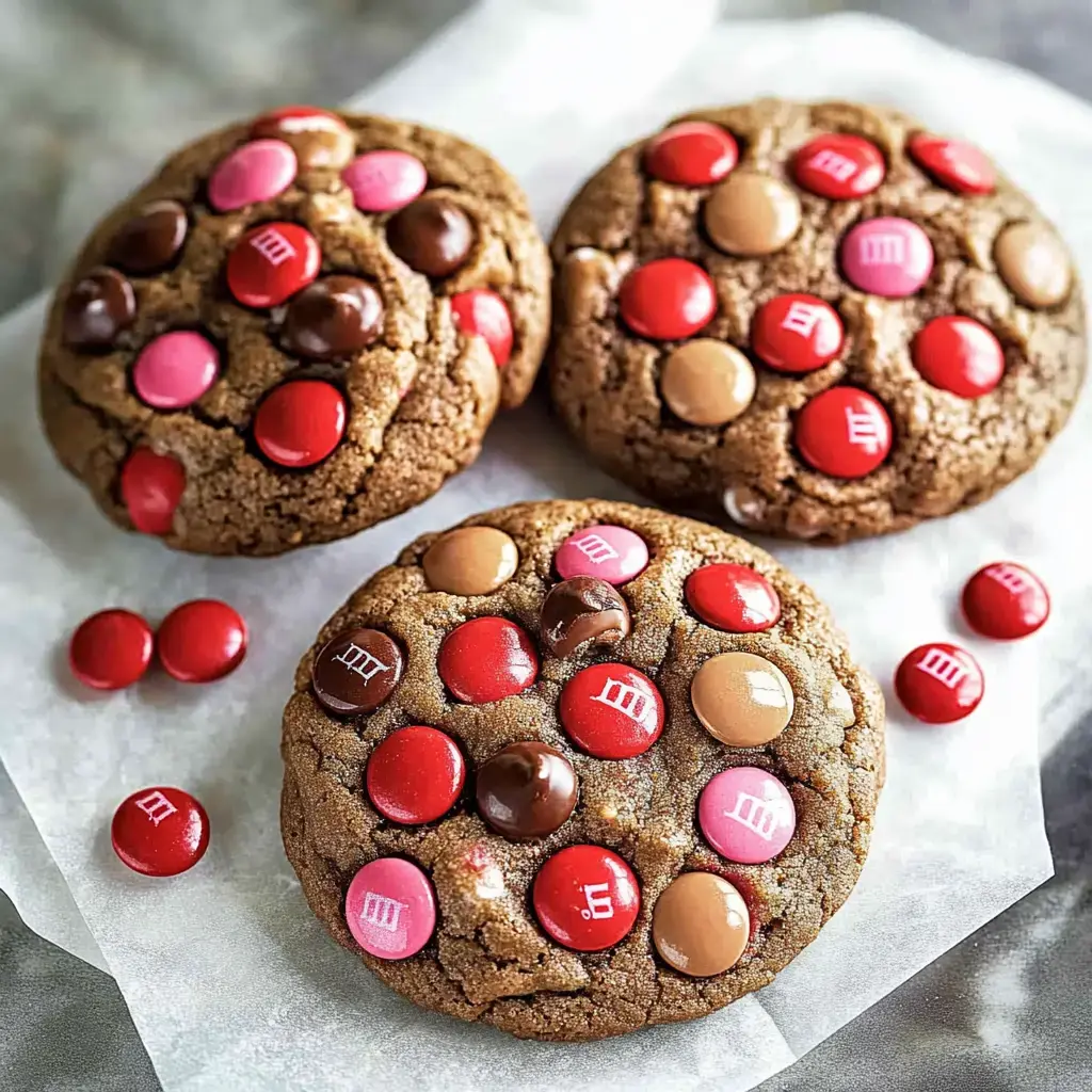 Trois grands cookies au chocolat ornés de bonbons colorés, placés sur du papier cuisson.